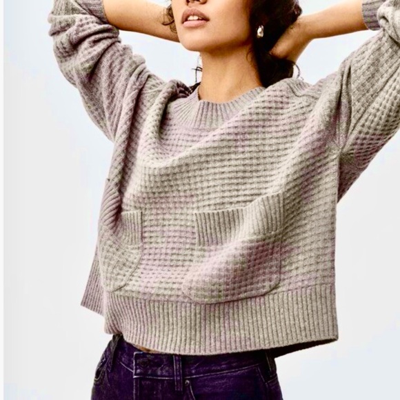 Everlane women’s Belgian Waffle 100% Cashmere sweater cropped sand crewneck topM - Picture 2 of 8